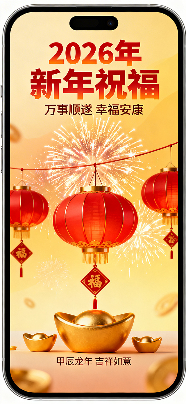 2026年祝福之语主题的手机壁纸，温馨喜庆风格，包含新年祝福文字，画面充满节日氛围