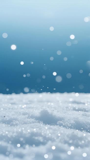 一张具有高度模糊梦幻感的雪景背景素材，整体呈现由上至下从浅蓝到深蓝的渐变色调，底部布满细密闪烁的白色雪花颗粒，中上部点缀着大小不一、边缘柔和的白色光斑，营造出宁静、空灵、柔和的冬日氛围，整体画面简洁干净，无任何文字或标识元素，光线均匀柔和，具有强烈的层次感和空间纵深感。预览效果
