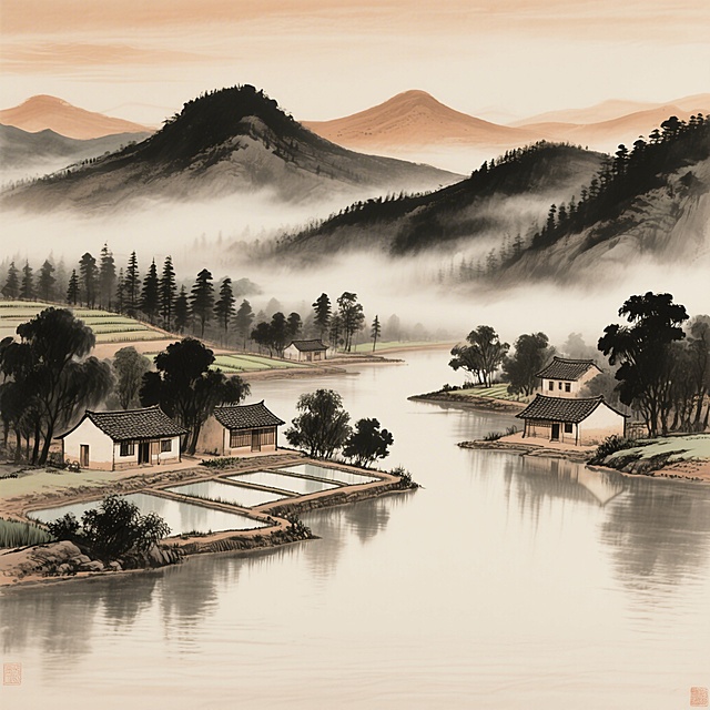 中国传统水墨画风格的山水背景素材，以淡雅的赭石色和墨色为主色调，远山采用淡墨渲染，层次分明，云雾缭绕其间，近景处有几间古朴的瓦房错落有致地分布在河岸旁，周围点缀着茂密的树木和整齐的水田，水面平静如镜，整体画面干净空灵，留白恰到好处，展现出宁静悠远的田园山水意境，笔触细腻流畅，具有浓厚的古典韵味和东方美学特质