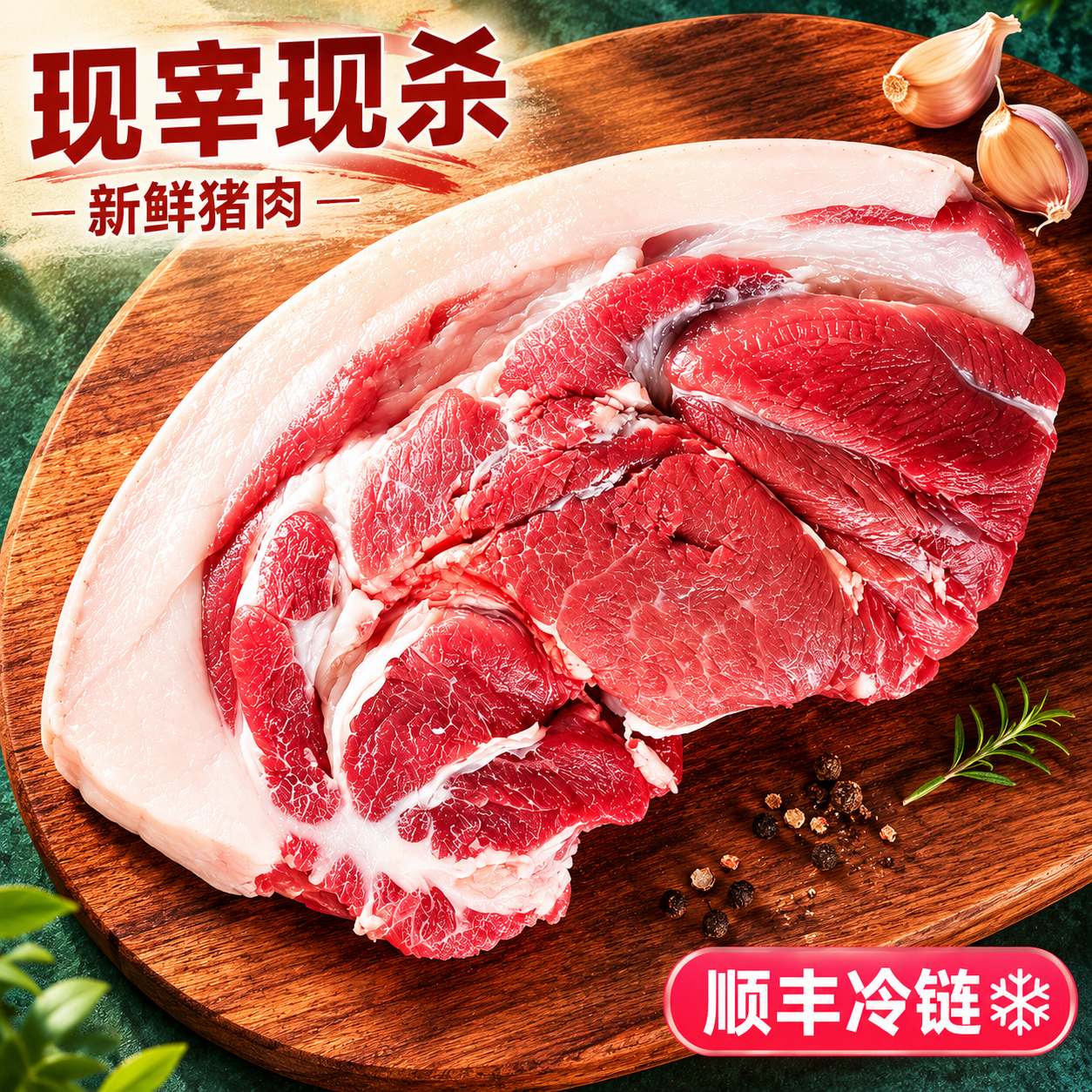 [主图-1] 新鲜猪肉产品首图，突出新鲜度和食欲感。 [氛围风… - 图片创意预览