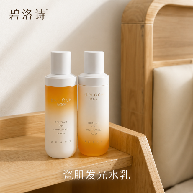 生成1440×1440px正方形淘宝主图，基于原图优化，碧洛诗瓷肌发光水乳套装，保留两瓶渐变水乳瓶身并排放在木质床头柜上，背景是卧室浅色墙面和床头，保持自然温暖光影，调整构图为1:1，产品主体占比约6预览效果