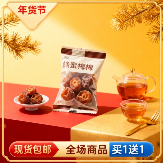 电商主图海报，主体置于红金撞色台面上，搭配小碟话梅、红茶壶茶杯、金色叉子；背景为暖黄渐变，上方点缀金色松枝；营造喜庆雅致的年货氛围，写实质感，暖色调为主，具有渐变效果和轻微的光泽感。海报四周装饰金色边预览效果