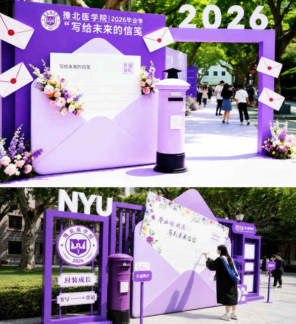 参考第一张图的紫色毕业美陈布置风格，保持整体布局和信封、邮筒、花艺装饰设计，替换学校名称为豫北医学院，使用用户上传的第二张图中豫北医学院的紫白色logo替换原有logo，将图中所有出现的2025改为2预览效果