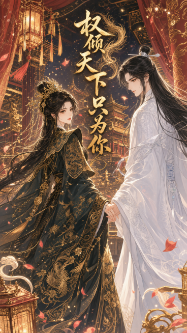 根据参考图中的两个人物，生成一张华丽的古风漫剧封面，比例9:16，背景不是纯白色，华丽古风宫殿背景，两个人物之间有互动，全图不要留白，图中不要出现任何英文，封面添加剧名"权倾天下只为你"预览效果