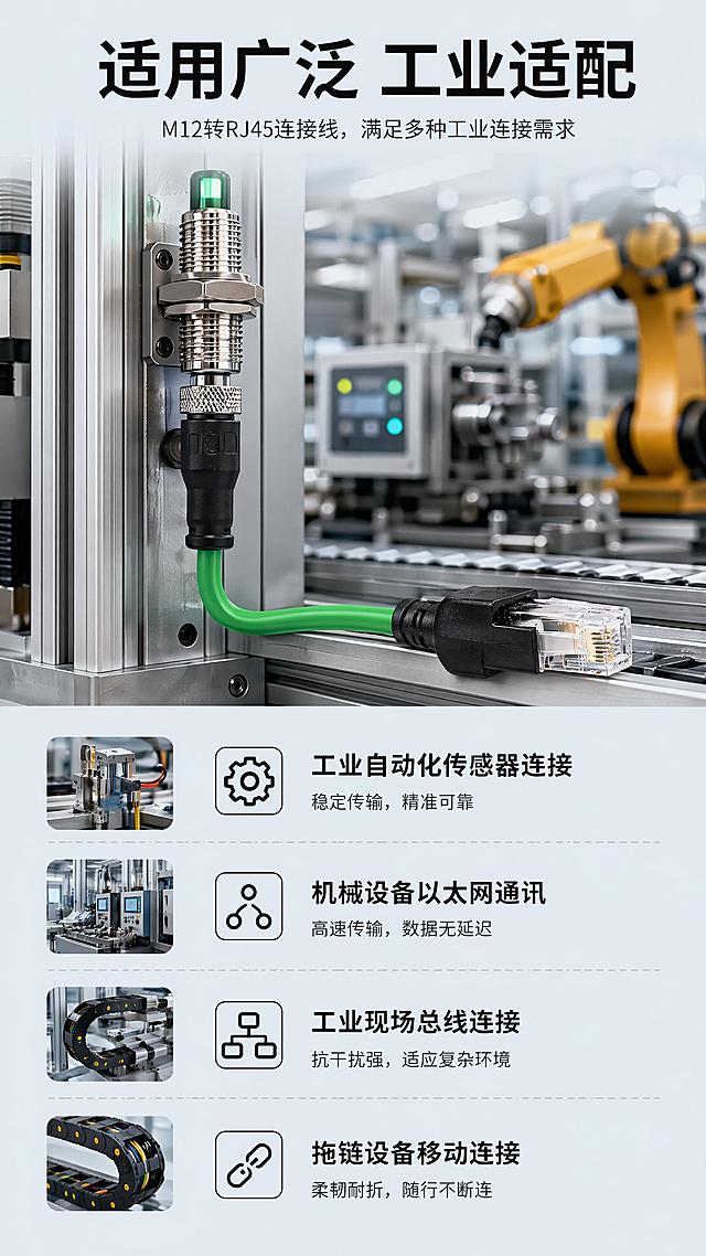 [第3屏] 场景适配页-展示M12转RJ45连接线适用工业场景。本屏使用【图1】作为产品主体
[氛围/风格] 写实工业场景风，专业氛围感，突出工业应用场景
[元素布局] 上半部分展示工厂自动化传感器设备连接局部场景，产品自然接入设备总线中，产品放置在画面中偏右下位置占比约50%；下半部分文字说明适用场景
[光影质感] 工业场景自然光照，产品清晰突出，明暗层次自然
[配色色系] 全局底色 #E8F0F5；主色工业灰黑；辅助色绿色产品点缀
[视角构图] 场景化平视视角，产品在场景中自然摆放，阅读动线从上到下
[文字版式] 顶部主标题 "适用广泛 工业适配"，下方分点列出："工业自动化传感器连接"、"机械设备以太网通讯"、"工业现场总线连接"、"拖链设备移动连接"；每个场景配小图标，文字清晰不遮挡产品
[比例分辨率] 9:16竖版比例，宽度1080高度1920，4K分辨率，文字清晰可辨，高清画质
[负向提示词] 产品模糊，场景失真，文字遮挡主体，结构错误，颜色偏差