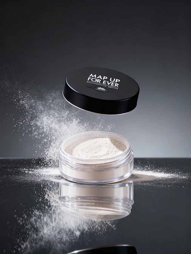 散粉粉末的动态效果，粒子飞扬，深灰色渐变的纯色背景，台面为高反光镜面材质，对产品形成清晰倒影，强化视觉层次；