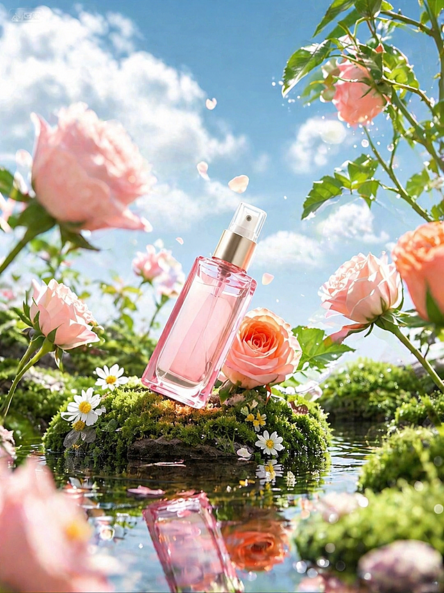 masterpiece, best quality, ultra-detailed, 8K, photorealistic, high-end commercial product photography, vertical 3:4A transparent pink square glass perfume bottle with a matte gold spray nozzle, filled with gradient light pink liquid, tilted 45 degrees on a dark gray cobblestone covered with lush bright green moss; the cobblestone is half submerged in clear shallow stream water, with delicate ripples on the water surface, reflecting the perfume bottle and surrounding flowers perfectlySurrounded by blooming light pink roses, peach roses, green rose branches and leaves, dotted with white daisies and small yellow wildflowers; foreground has blurred pink rose petals, background is bright blue sky with soft white cloudsBright soft natural morning light, soft shadows, sparkling water droplets floating in the air, scattered pink rose petals falling, bokeh effect, shallow depth of field, sharp focus on the perfume bottle, fresh and healing atmosphere, no text, clean background, professional color grading, cinematic lighting