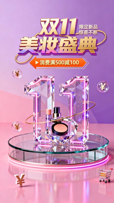 粉紫色调的双11美妆营销海报，画面中央是玻璃展台，展台上放置透明晶体结构的数字“11”，晶体内部嵌套3D美妆产品，晶体边缘有霓虹光晕，主标题“双11美妆盛典”采用棱角分明的粗体鎏金渐变字体，笔画延伸缠预览效果