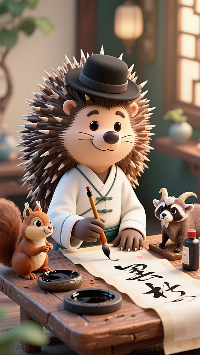 卡通刺猬书法老师。刺猬背部布满棕色尖刺，戴黑色小毡帽，穿白色对襟衫，爪子握着毛笔在宣纸上写毛笔字；桌旁有 3 只小动物学生：小松鼠用爪子握笔、小山羊铺宣纸、小浣熊磨墨，桌上有砚台和墨水瓶，表情专注认真，书法教室练习场景