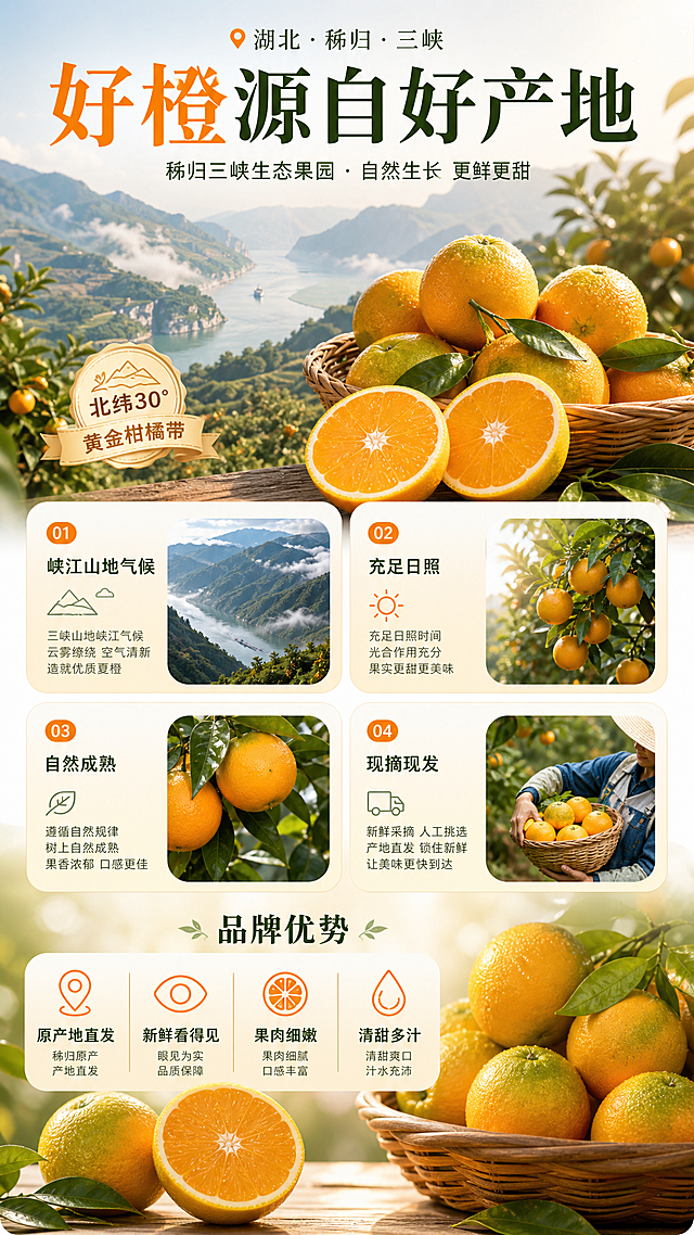秭归夏橙淘宝详情页第二屏，展示产地环境与品牌优势，介绍秭归地理优势和天然种植环境，突出新鲜天然的特点，适合淘宝手机端展示