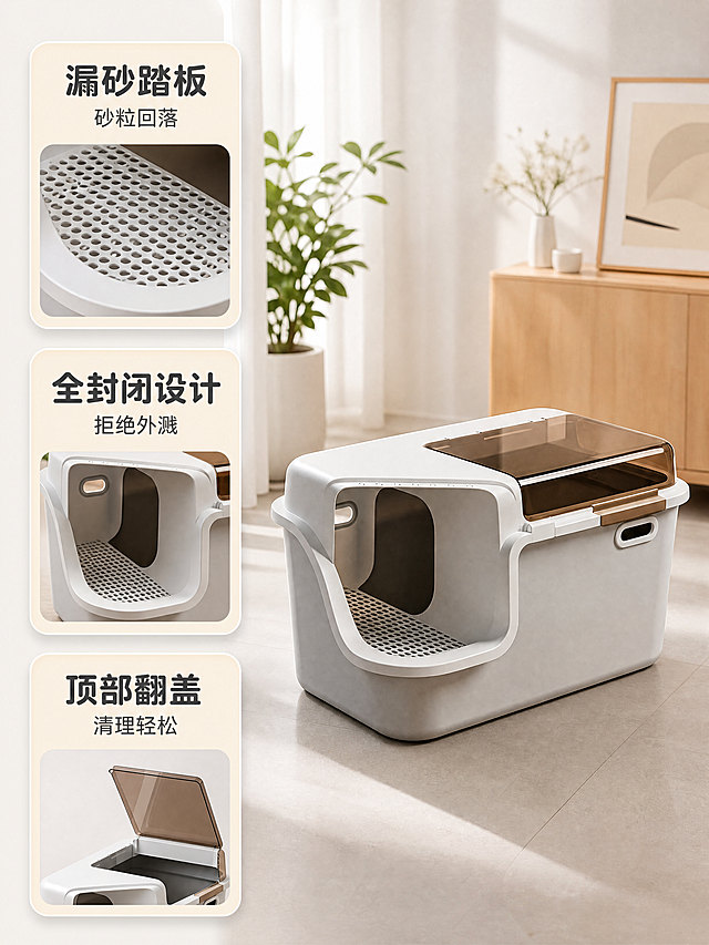[主图-2] 全封闭防带砂猫砂盆核心卖点展示。
[氛围风格] 宠物治愈风，干净温馨，小红书生活感。
[画质] 商业摄影质感，光线柔和通透，产品清晰真实，画面干净高级。
[元素] 保持产品外观（物理结构、材质质感、颜色）与输入产品图绝对一致，杜绝任何变形和色差。左侧三个圆角卡片区域分别展示核心卖点，每个卡片配局部细节特写：第一个卖点展示入口密集圆孔漏砂踏板特写，第二个卖点展示全封闭拱形入口结构，第三个卖点展示顶部翻盖掀开状态。产品主体放在右侧展示，整体画面层次清晰。商品主体和细节卡片占比合理，画面满屏无边框。
[光影] 整体光线均匀柔和，每个细节区域都清晰可见，没有过暗或过曝区域，温馨自然。
[配色] 主色调浅灰白底色，卡片用浅米色底深灰色文字，风格统一干净。
[视角构图] 左文右图的版式结构，分区清晰，不遮挡主体。
[文字版式] 每个卡片上方写卖点大标题，下方简短说明：第一张「漏砂踏板 砂粒回落」，第二张「全封闭设计 拒绝外溅」，第三张「顶部翻盖 清理轻松」，字体圆润可爱，文字清晰不遮挡产品细节。
[比例分辨率] 3:4 比例，4K分辨率，文字清晰锐利，超高清。
[负向提示词] 变形，水印，文字错乱，产品图模糊，背景杂乱，脏污。
