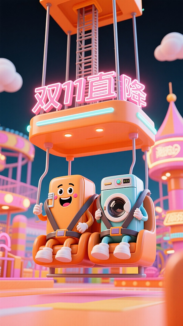 拟人化冰箱和拟人化洗衣机坐在跳楼机的双人座椅上（有安全带），开心尖叫的表情，跳楼机顶部写着发光字体“双11直降”。背景是霓虹发光的游乐场，高饱和色调。海报主色调为橘色和粉色。