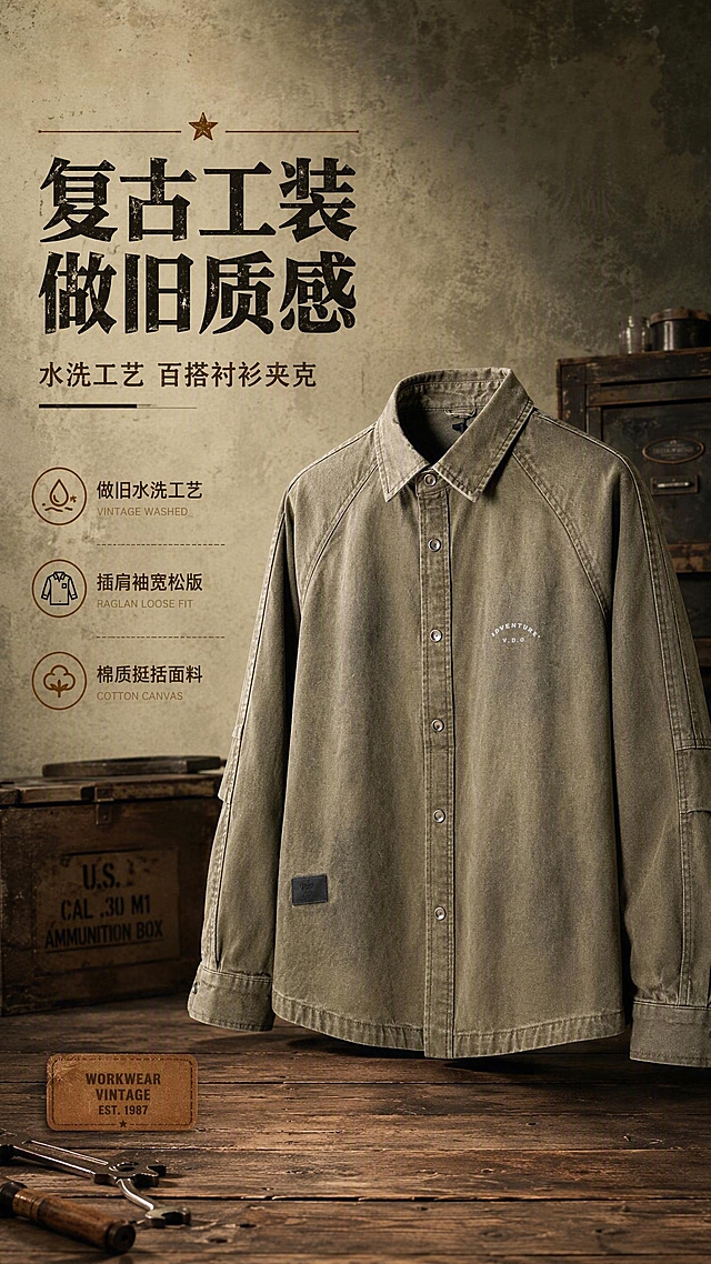 [商品] 使用【图1】橄榄绿复古做旧水洗工装衬衫夹克；商品处理：保留翻领、插肩袖、按扣门襟、下摆皮标、左胸小字印花、袖口按扣、整体做旧水洗颜色和棉质帆布面料；自然去除衣架悬挂产生的拉扯褶皱，理顺衣身垂坠，增强面料纹理、缝线、按扣五金和皮标质感，不改变版型、颜色和结构。
[画面] 目标：首张风格头图海报，突出美式复古工装调性与产品全貌。构图：左文右图，产品位于画面右侧视觉中心，占画面约55%，正面微侧角度展示；左侧留白放标题文案。前中后景：前景做旧木质地板，中景衬衫主体，后景为复古工业风墙面与暖光氛围，加入旧木箱、金属工具等少量工装道具烘托氛围。
[视觉] 套系策略：风格=美式复古工装风商业摄影；标题字=粗衬线复古字体；正文字=简洁无衬线体；主色=橄榄绿做旧色；背景延展=基于橄榄绿做旧色做深浅层级、同色渐变和水泥/旧木/帆布质感；强调色=焦糖棕，仅用于小面积图标、引线和标签；标题色=深炭黑；正文色=暖灰棕；组件=做旧底纹信息卡、粗线引线、复古标签；光影=右前侧暖调柔光，带轻微复古颗粒感。
[文字] 左上区域主标题「复古工装 做旧质感」，副标题「水洗工艺 百搭衬衫夹克」，下方3个短卖点：做旧水洗工艺、插肩袖宽松版、棉质挺括面料；文字不遮挡服装主体、门襟和左胸印花。
[规格] 图片比例9:16竖版，2K分辨率，避免变形、错字、文字过小、冷蓝背景、衣服颜色改变、版型失真、纯白底。
