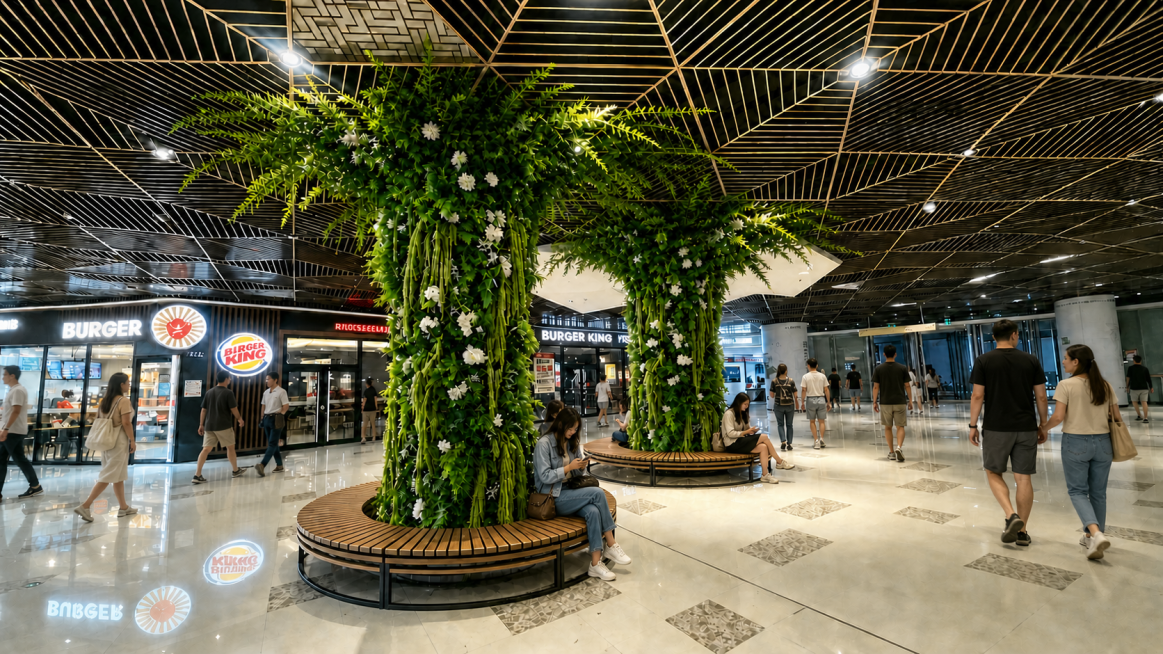 在商场空间增加一些自然走动、休闲的行人，人物风格要真实自然，和场景融合，营造热闹的商业氛围，保留原图所有原有内容、构图和风格不变预览效果