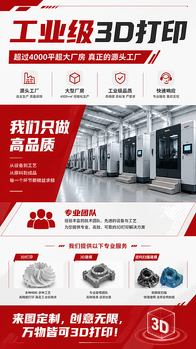 电商详情页第一屏，工业3D打印工厂介绍海报，红白简约风格，包含完整文案：标题"工业级3D打印"，副标题"超过4000平超大厂房 真正的源头工厂"，核心标语"我们只做高品质"，"专业团队"，服务内容"3D打印 3D建模 逆向扫描建模"，结尾标语"来图定制，创意无限，万物皆可3D打印！"，整体设计干净专业，红白配色，工业风排版。