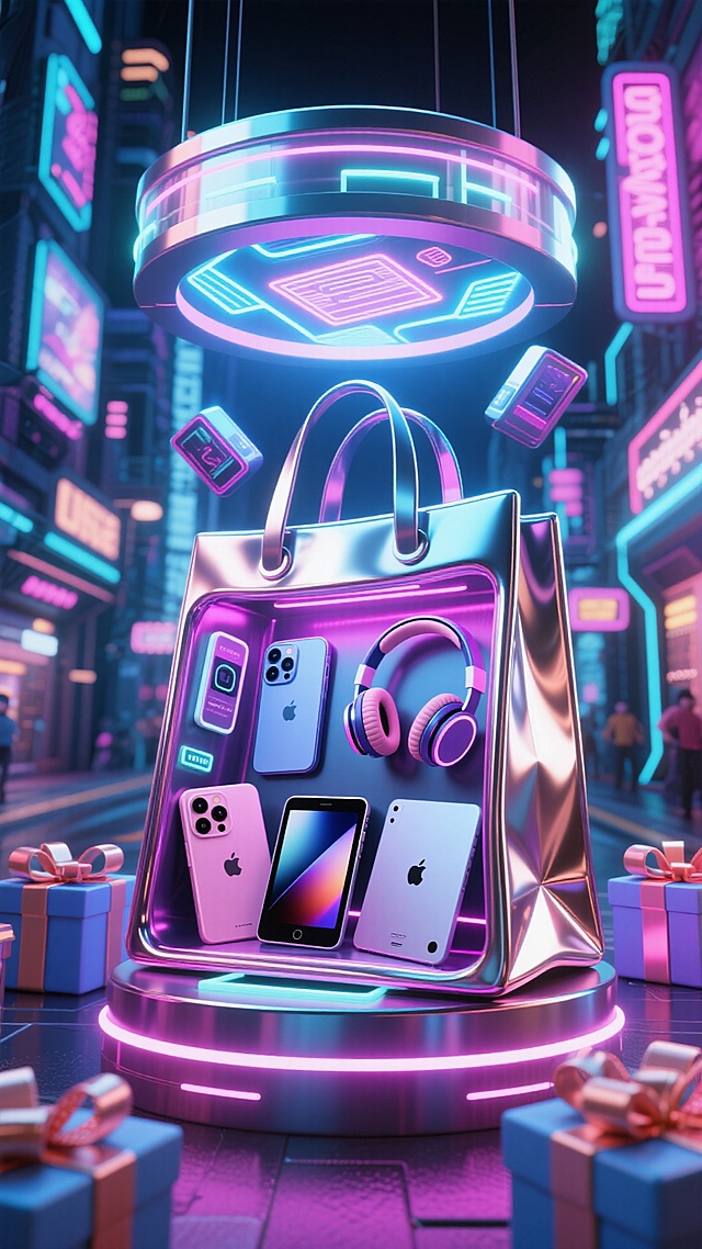 赛博朋克风，一个购物袋，内部是数码产品店（手机、耳机、ipad、电脑等），霓虹灯光。购物袋顶部有悬浮屏。周围点缀礼盒，街道背景