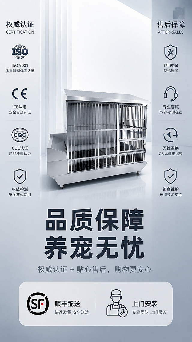 左侧展示简约风格权威资质认证标识，右侧以简约图标式排版展示售后保障服务，搭配顺丰配送、上门安装简约示意图，冷调商务风构图，正式靠谱。主文案"品质保障，养宠无忧"居中放大粗黑；副文案"权威认证+贴心售后，购物更安心"居下纤细浅色，资质、售后、服务三大板块分点排版，图标搭配文字，简洁大气。高清8K分辨率，图标简约精致，画面色调统一冷调，光影柔和，质感高级、可信度强。