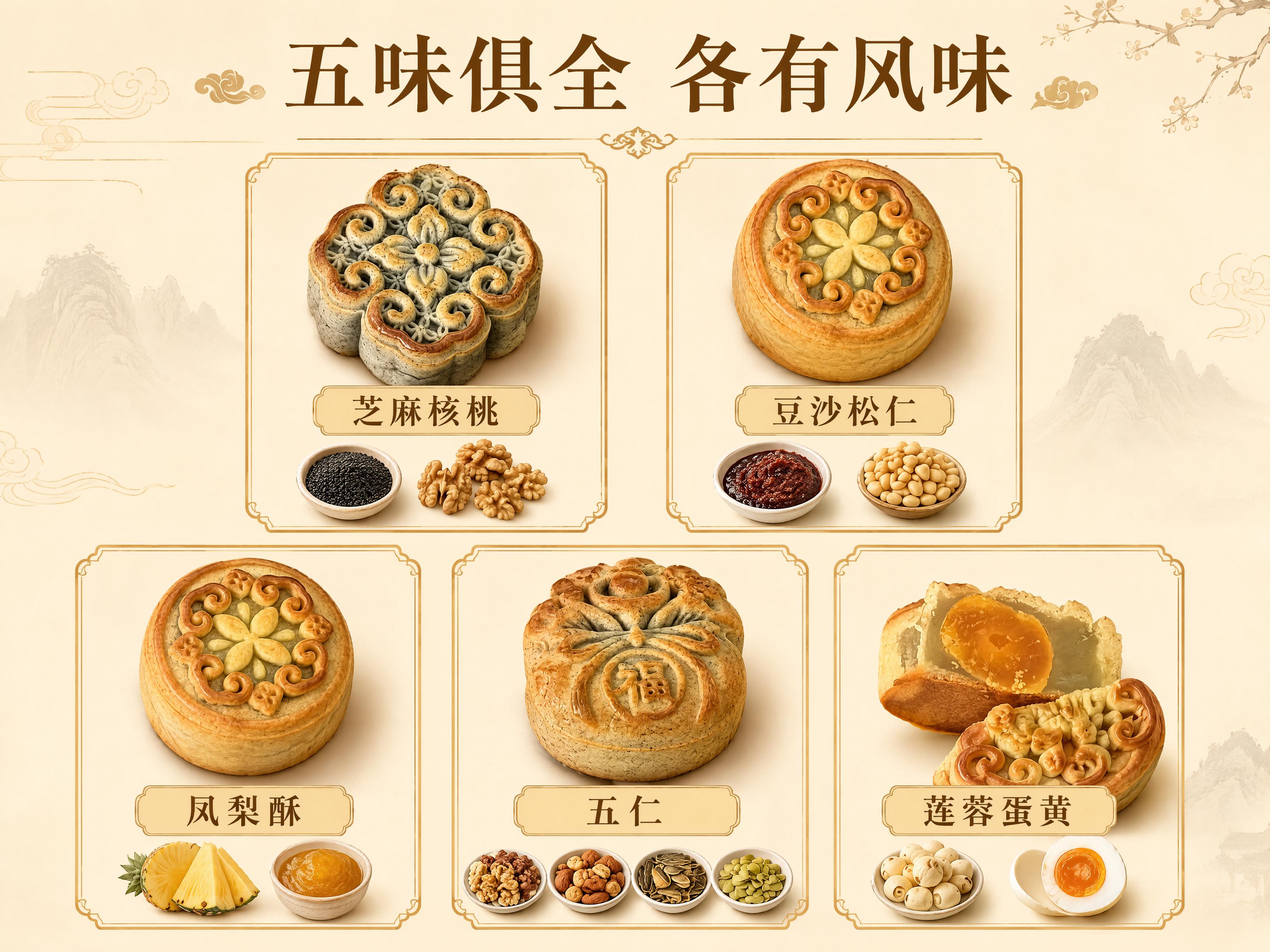 [第5屏] 口味矩阵-五款月饼口味总览。本屏使用【图1】【图2… - 图片创意预览