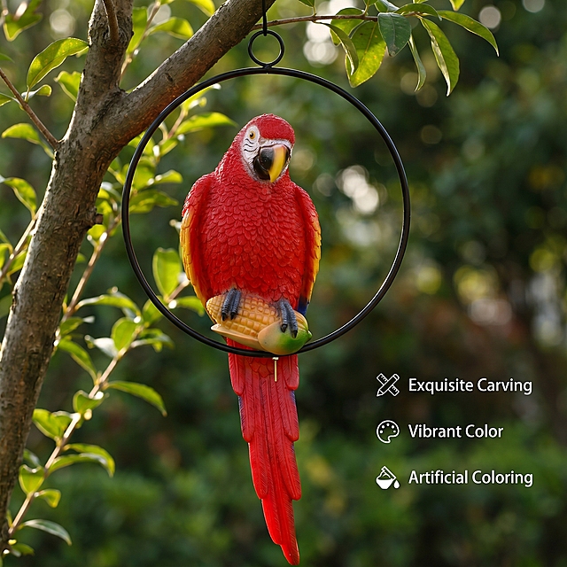 [Main Image 2] Close-up detail display of red macaw parrot ornament, focus on feather texture and carving. Place the product in a natural garden tree branch scene. Keep the product appearance (physical structure, material texture, color) completely consistent with the input product image, eliminate any deformation and color difference, fine processing. Atmosphere style: natural life scene, high-end decorative display. Picture quality: commercial photography texture, soft and transparent light, clear and real product, clean and advanced picture. Light: natural afternoon sunlight, soft through the leaves, dappled light and shadow, highlighting the three-dimensional feather texture. Color matching: main color natural green, product bright red contrast. Perspective composition: close-up front, focusing on the feather texture, the product is the main visual, the background is properly blurred. Text layout: English selling points marked on the side, 3 core highlights with small icon: "Exquisite Carving", "Vibrant Color", "Artificial Coloring", text clear, do not block the product. Meet Amazon cross-border platform compliance, no extra marketing text. Proportion resolution: 1:1 proportion, 2K resolution, super high definition. Negative prompt: deformation, watermark, text clutter, product picture blurred, messy background.
