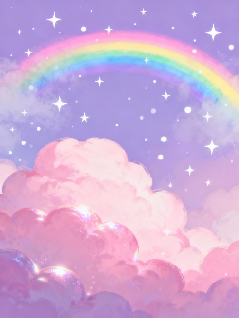 梦幻唯美的插画风格，画面以柔和渐变的粉紫色为基调，底部是蓬松饱满、带有细腻光泽感的粉色云朵，云朵边缘泛着微光，仿佛被温暖的光线照亮。天空中悬挂着一道柔和的彩虹，彩虹的色彩从内到外依次为粉、蓝、绿、黄，过渡自然且朦胧，彩虹周围点缀着无数闪烁的白色星星，星星大小不一，分布错落有致，营造出梦幻浪漫的氛围。整体光影柔和，色彩和谐统一，充满童话般的治愈感。预览效果