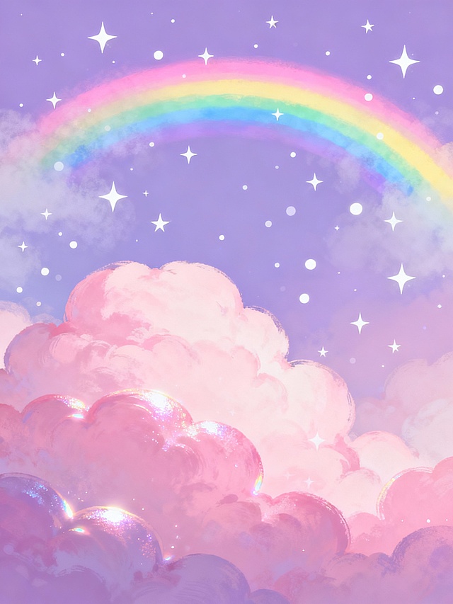 梦幻唯美的插画风格，画面以柔和渐变的粉紫色为基调，底部是蓬松饱满、带有细腻光泽感的粉色云朵，云朵边缘泛着微光，仿佛被温暖的光线照亮。天空中悬挂着一道柔和的彩虹，彩虹的色彩从内到外依次为粉、蓝、绿、黄，过渡自然且朦胧，彩虹周围点缀着无数闪烁的白色星星，星星大小不一，分布错落有致，营造出梦幻浪漫的氛围。整体光影柔和，色彩和谐统一，充满童话般的治愈感。