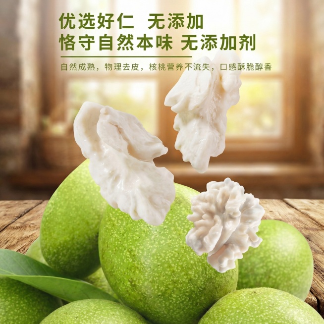 参考这张图片，生成一张类似的优选好仁无添加鲜核桃仁宣传图，换一个真实且风格不同的全新背景，不要和原图浅白绿调背景相似，保留排版结构、所有文案内容和青核桃搭配漂浮去皮核桃仁的展示，核桃仁保持奶白色，整体预览效果