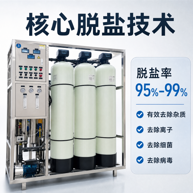 [主图-2] 单级反渗透设备核心脱盐卖点展示
[氛围风格] 工业专业感结合干净治愈风
[画质] 商业摄影质感、光线柔和通透、产品清晰真实、画面干净高级
[元素] 保持单级反渗透设备外观（物理结构、材质预览效果