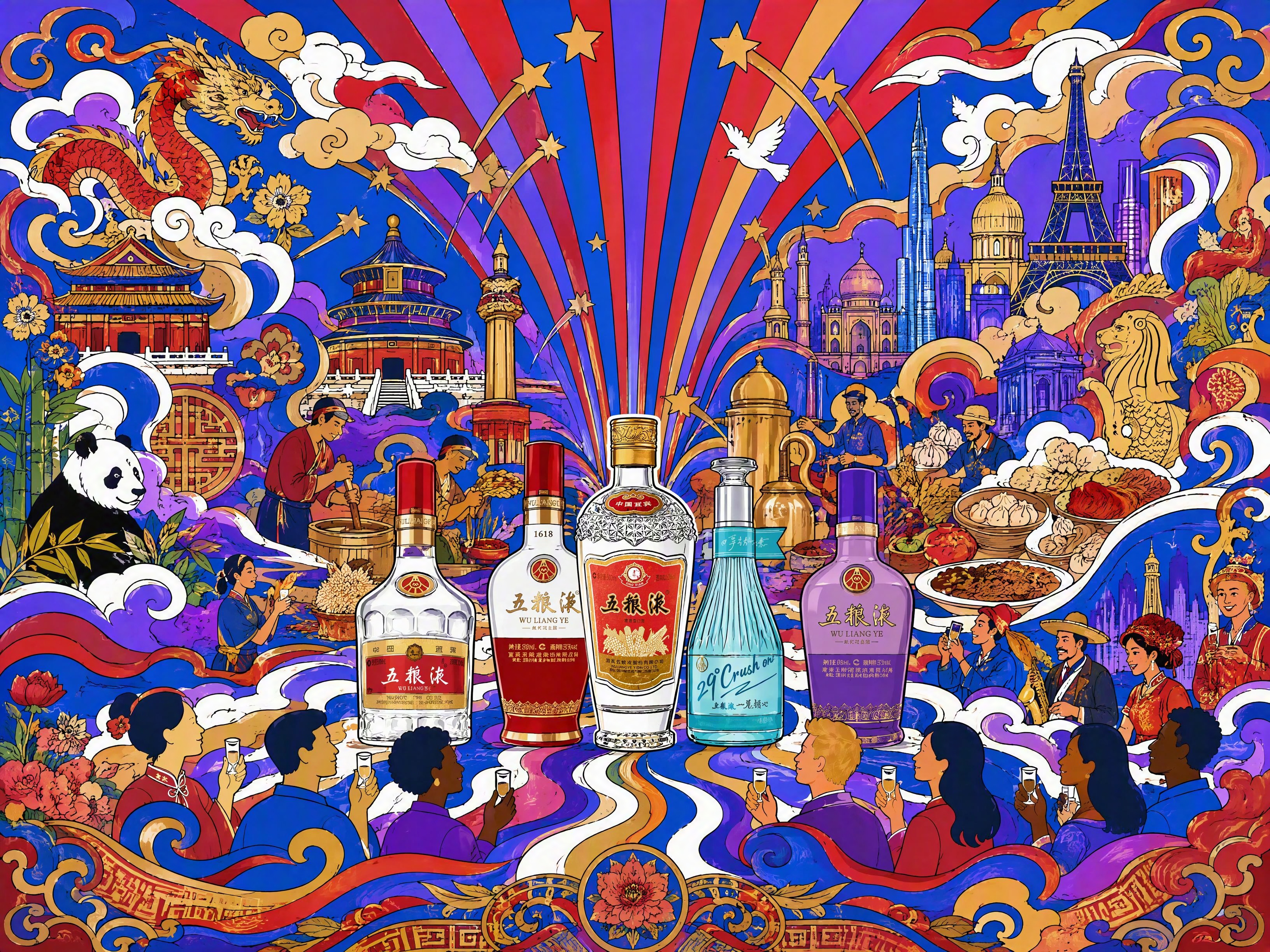 基于第一张图的扁平插画风格和红蓝紫金配色，将画面中心的大酒瓶体… - 图片创意预览