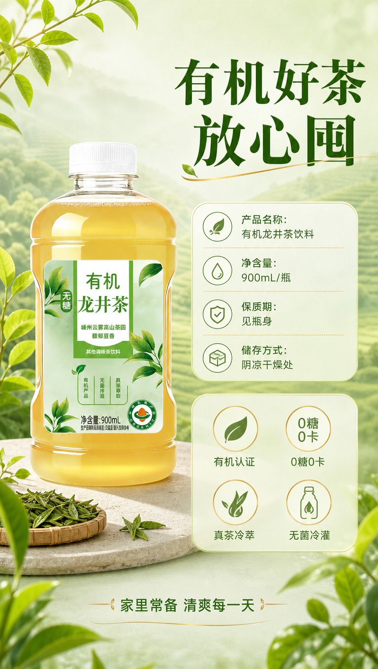 [商品] 使用【图1】有机龙井茶饮料瓶；保留瓶身全部标签文字、… - 图片创意预览