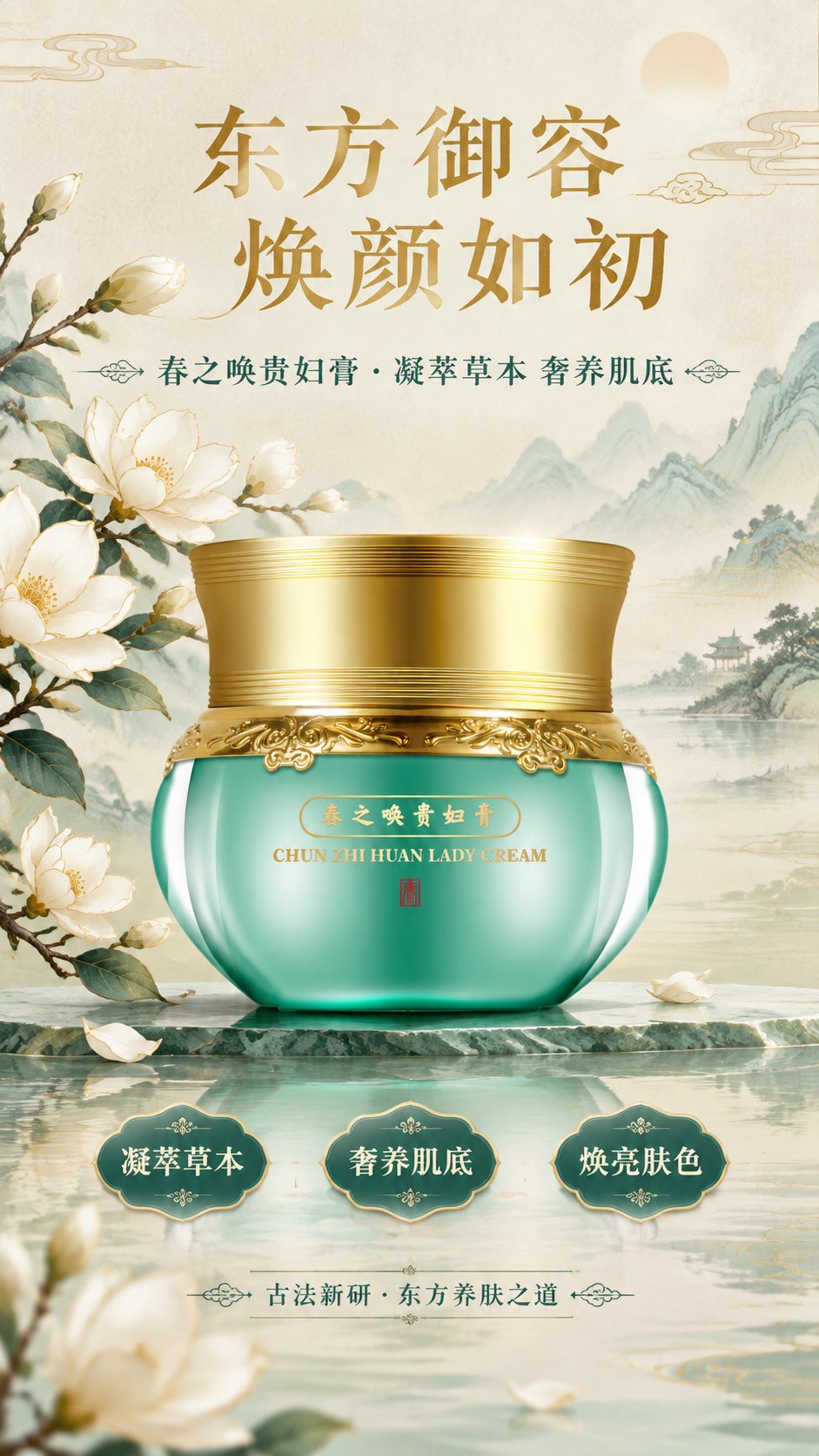 国风高端护肤品海报，新中式工笔风格。画面中央是一瓶春之唤贵妇膏… - 图片创意预览