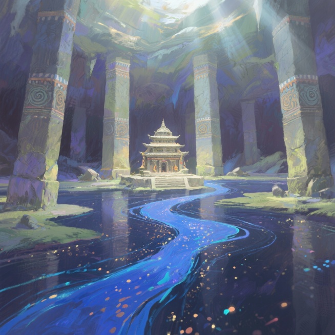 大鱼海棠画风。一座位于巨大地下空间中一片地下湖中央的石制祭祀用建筑，四周有巨大的石柱支撑地下空间，其内保护着一条可以通往仙境的暗河。 关键词：古老、祭祀、藏族、神秘、宏伟、石刻预览效果