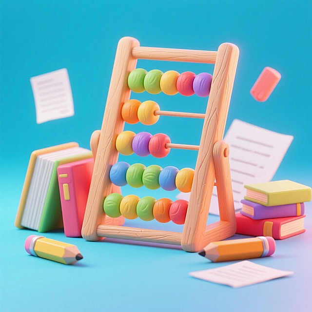 一个算盘，周围有书本、纸张、铅笔装饰，画面撞色，蓝色渐变背景