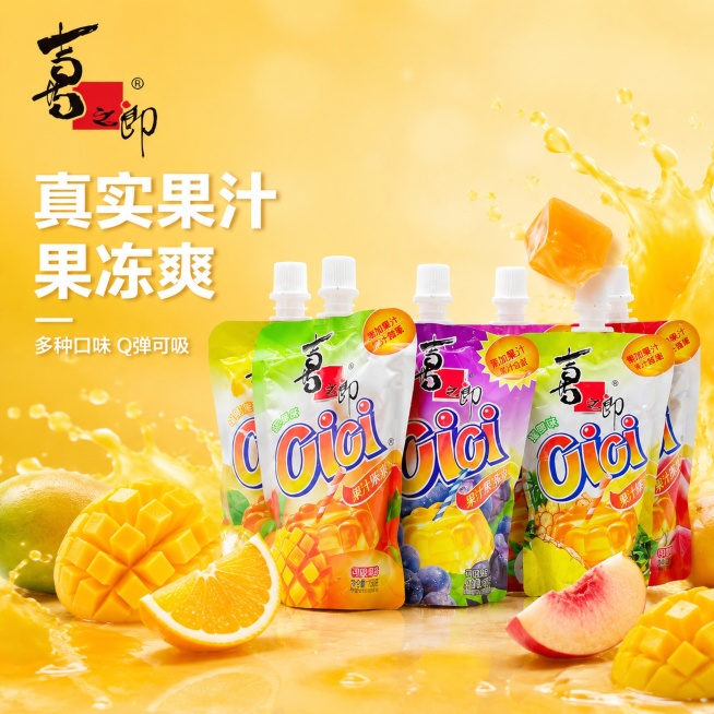 「图片1」，生成一套主图（5张），商品名称是150g果冻爽，卖点是多种口味，真实果汁，适配淘宝/天猫平台，主图比例为1:1预览效果