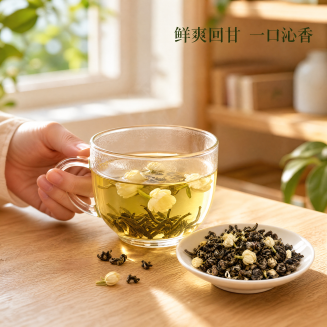 [主图-4] 茉莉花茶饮用场景展示，营造生活方式氛围感。[氛围风格] 温馨自然，代入感强。[画质] 生活感商业摄影、细节清晰、氛围舒适。[元素] 原木桌面，透明玻璃杯泡着茉莉花茶，旁边放着一小碟干茉莉预览效果