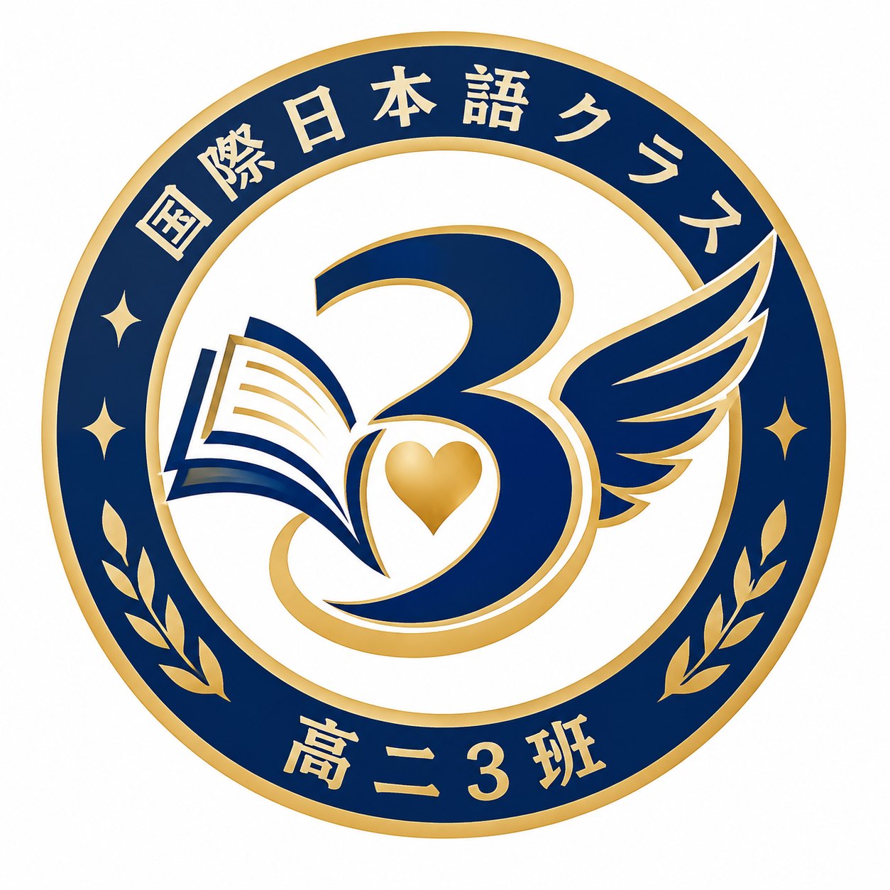 高二3班日语国际班班徽设计，校园青春风格，圆形徽章造型。藏蓝色… - 图片创意预览