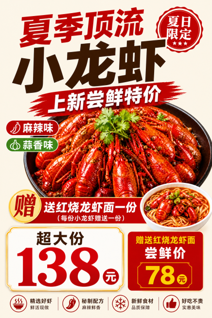 调整价格排版：78元尝鲜价是赠送的龙虾面价格，缩小78元字号，突出超大份小龙虾138元，保持其他所有文案信息和浅底色不变，小龙虾上新尝鲜特价，麻辣味蒜香味，赠送红烧龙虾面一份，竖版14cm宽21cm高预览效果