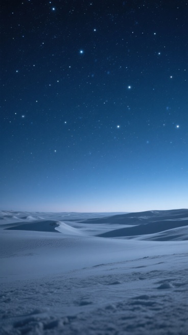 深邃的深蓝色夜空，布满了无数闪烁的星星，形成密集而自然的星点分布，夜空从顶部的深蓝色逐渐过渡到底部的灰蓝色，营造出宁静而神秘的氛围。地平线处是被柔和光线照亮的广阔雪地，雪地上有自然起伏的地形和隐约可见的雪丘轮廓，整体画面采用写实风格，光影运用细腻，星星有不同的亮度和大小变化，雪地表面有微妙的明暗层次和纹理，呈现出寒冷而静谧的夜空景象。预览效果
