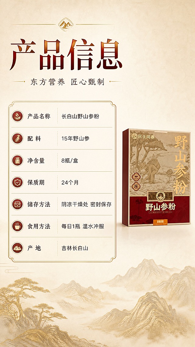 [商品] 使用【图1】民生同春野山参粉礼盒；保留礼盒外观、颜色、Logo及包装文字，礼盒缩小置于画面右侧，占画面约25%。
[画面] 目标：产品规格参数信息展示，规格参数型。画面左侧为规格信息表格区，右侧为产品礼盒图。背景为浅米色渐变，底部淡金色山水纹理。表格用金线边框，中式简约风格。整体信息清晰，排版规整。≥3层信息（标题+表格+产品图）。
[视觉] 套系策略：风格=东方新中式高端滋补商业摄影；标题字=宋体衬线粗体（厚重典雅）；正文字=简洁黑体；主色=酒红+暖金+米白；背景延展=基于米白做深浅渐变、山水纹理、宣纸质感；强调色=烫金，仅用于小面积图标、引线、标签和装饰线条；标题色=深酒红+烫金渐变；正文色=深棕灰；组件=圆角金线信息卡、细金线引线、中式印章式标签；光影=产品图侧光，礼盒正面清晰，表格区均匀柔光。
[文字] 左上主标题"产品信息"，下方规格表格：产品名称「长白山野山参粉」、配料「15年野山参」、净含量「8瓶/盒」、保质期「24个月」、储存方法「阴凉干燥处 密封保存」、食用方法「每日1瓶 温水冲服」、产地「吉林长白山」。右侧配礼盒图。所有文字横排，字号清晰。
[规格] 图片比例9:16竖版，4K，负向提示：避免变形、错字、文字过小、冷蓝背景、礼盒颜色改变、虚假参数。