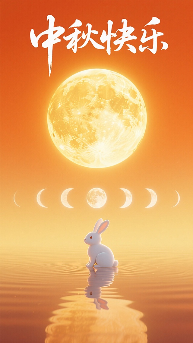 软3D风格融合水彩质感，光影流动间展现梦幻中秋。玉兔静立水面，倒影如梦，满月与月相排列，中式美学与虚拟现实交织，温馨唯美的节日氛围扑面而来。