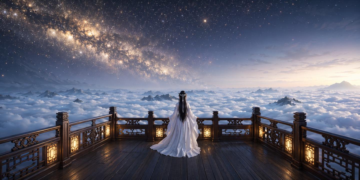 横向纵深广角构图，前景深色实木观景露台铺满平行木板，雕花红木护… - 图片创意预览