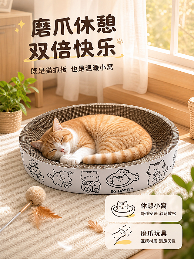 电商详情页第2张-使用场景（休憩），3:4竖版。延续日系治愈风格。阳光飘窗场景：白色窗帘半透阳光，木质地板，米色条纹地毯，一只橘猫/英短猫咪蜷缩在【图二】棕色碗形猫抓板里熟睡，表情放松惬意；旁边散落逗猫棒、羽毛、小绿植；顶部大标题“磨爪休憩 双倍快乐”，副标题“既是猫抓板 也是温暖小窝”；右下角两个圆角信息卡：① 休憩小窝 ② 磨爪玩具。整体暖光柔和，氛围温馨治愈，猫咪可爱，参考图一的猫咪睡姿和场景布置。