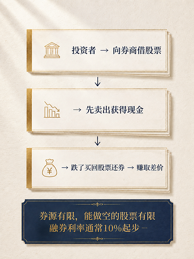 Keep the same ivory art paper background, soft directional light from upper left, natural fiber texture as the reference image. Same three gold-bordered white cards stacked with the same slight offset, same thin gold foil left border on each card. Same small hand-drawn arrows between cards, same navy blue box at bottom with the same frame style, same icons style as reference image. Change the text content: this page shows short-selling (融券) flow: top card has a bank icon with text "投资者 → 向券商借股票", middle card has a trend down icon with text "→ 先卖出获得现金", bottom card has a money bag icon with text "→ 跌了买回股票还券 → 赚取差价". Bottom navy box text: "券源有限，能做空的股票有限
融券利率通常10%起步". All text in Chinese, 3:4 vertical, same colors, card design, typography as reference image to be perfectly matched spread.