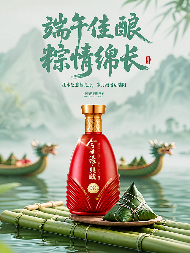 写实商业摄影，端午国风节日海报，保持参考图的版式骨架、构图分区、色调和氛围，保留原布局结构，替换商品为用户提供的今世缘·典藏D20白酒，100%还原该白酒的外形、包装、LOGO、印刷文字、净含量，完整保留瓶型、轮廓、结构、比例、瓶盖、标签版式、品牌logo、文字信息、材质质感、颜色与正面朝向。主标题使用大字绿色书法字体"端午佳酿 粽情绵长"，副标题为小字"江水悠悠载龙舟，岁月漫漫话端阳"，装饰小字标注"中国传统节日&端午"。产品居中放置在竹排木托盘上，旁侧点缀一个新鲜青粽子，背景为淡绿色水墨山水，水面上有隐约的龙舟，竹叶虚化作为点缀，整体营造端午佳节氛围，酒水质感通透，瓶身高光自然，背景虚化保留景深，文字不遮挡产品主体，排版精美，画面比例3:4，高清4K，画面不含第三方品牌标识与侵权素材，整体符合白酒端午营销海报风格。