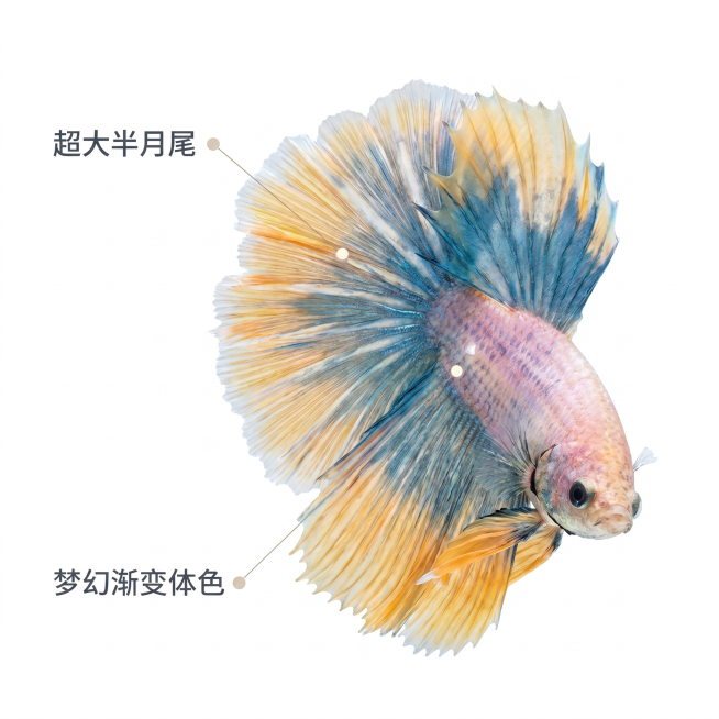 [主图 2] 泰国半月斗鱼核心亮点展示图。
[氛围风格] 真实商业摄影，干净清晰商品展示风
[画质] 商业摄影质感、光线柔和通透、斗鱼细节清晰真实、画面干净高级
[元素] 泰国半月斗鱼主体，重点放大展预览效果