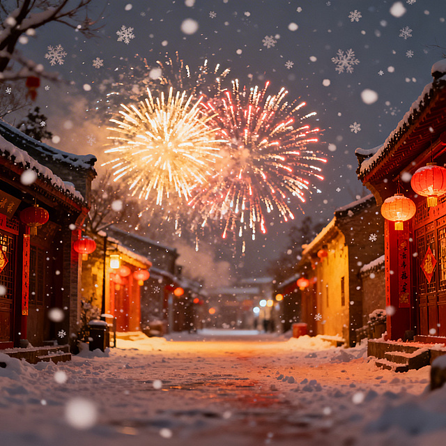 国潮风雪夜古街，红灯映雪，烟花绽放，光影交错，微缩艺术感与粒子特效交织，营造温暖喜庆的梦幻实景。