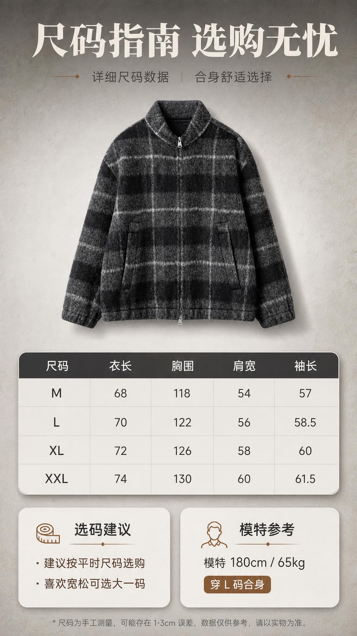 [商品] 使用【图1】黑灰格纹立领毛呢夹克外套；商品处理：保留… - 图片创意预览