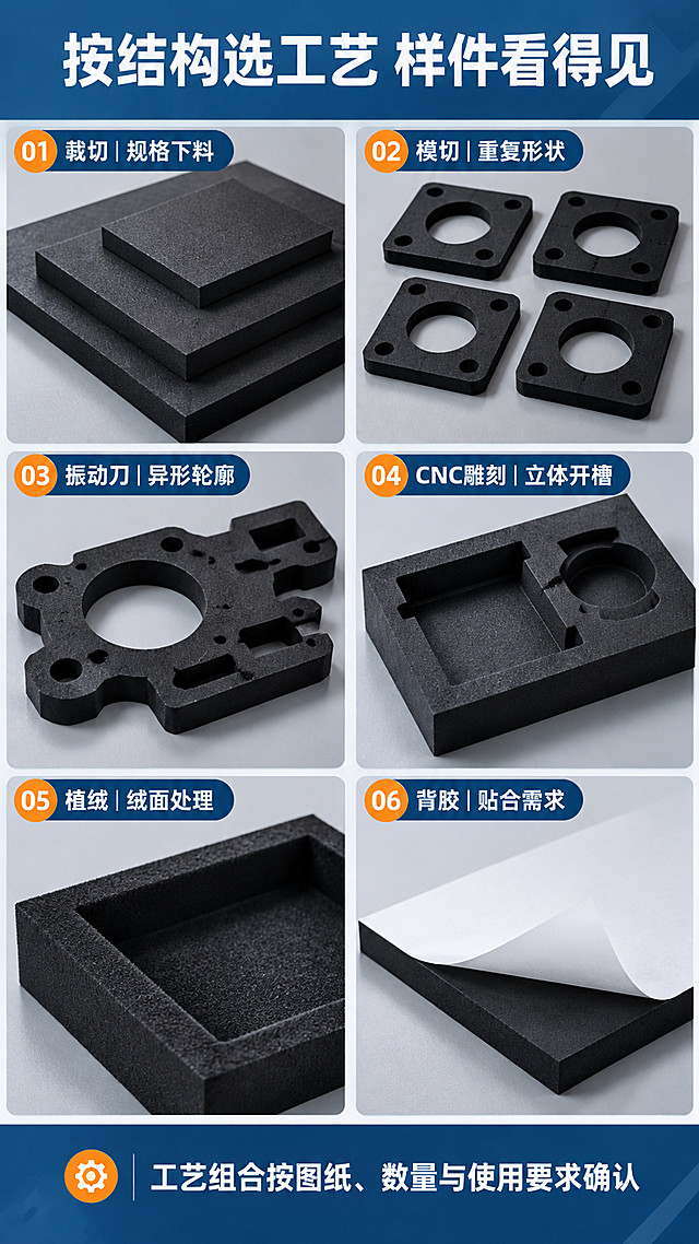 【第4张 加工工艺演示·六格拼图型】
[商品] 使用图1黑色EVA泡棉板材为主要加工对象，图2白色板材作为重复形状件对照（图4-图11参考图仅借鉴其工艺六宫格版式与短标签写法，不照搬画面）。保留黑色板材方正板型、平直切割边、细密哑光发泡肌理，各工艺成品不得改变材质本色与厚度。
[画面] 目标：展示六种加工工艺的可实现形态。竖向三段 × 两列六格拼图，每格一张中近景实拍：左上为整张黑色板材规格下料；右上为四片带圆孔的黑色模切件平铺；左中为异形轮廓黑色振动刀切割件；右中为带矩形与圆形立体开槽的黑色内衬；左下为内壁植绒呈绒面质感的黑色内衬托；右下为白色离型纸从黑色板背面撕开露出背胶。每格占画面一格，格间细白分割线。
[视觉] 套系策略：风格=专业工业定制类蓝白商务商业摄影；标题字=粗黑体；正文字=中等黑体；主色=深藏青蓝；背景延展=以深藏青蓝为基准做深浅层级与同色冷调磨砂渐变，卡面用磨砂纸感肌理；强调色=亮橙，仅用于小面积图标、引线、编号与标签；标题色=白与深藏青；正文色=深灰蓝；组件=圆角白色信息卡、细线引线、编号胶囊、参数表格；光影=左前侧柔光并带轻微轮廓光，产品信息面清晰。
[文字] 顶部深藏青标题条白字主标题「按结构选工艺 样件看得见」；每格左上角深藏青胶囊标签横排六个短词「裁切｜规格下料」「模切｜重复形状」「振动刀｜异形轮廓」「CNC雕刻｜立体开槽」「植绒｜绒面处理」「背胶｜贴合需求」；底部说明条横排「工艺组合按图纸、数量与使用要求确认」。所有文字横向排版，字号清晰可读。
[规格] 9:16竖版，4K，避免变形、错字、文字过小、竖排或旋转文字、二维码、水印、平台角标、绝对化用语、工艺形态失真、板材颜色改变。