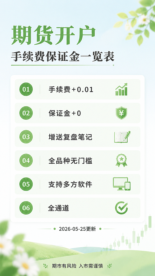 制作一张期货开户手续费保证金一览表海报，内容文字：
期货开户
手续费保证金一览表
①  手续费+0.01
②  保证金+0
③  增送复盘笔记
④  全品种无门槛
⑤  支持多方软件
⑥  全通道
2026-05-25更新
期市有风险 入市需谨慎
要求格式对齐，版面干净清爽舒服，文字排版清晰，采用小清新风格，降低广告感