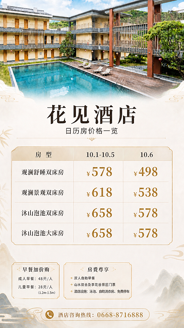修改这张花见酒店海报：1. 将主标题中的"国庆房价"四个字删除，主标题改为"花见酒店"，保持居中、字体风格和金色装饰不变；2. 将副标题"10月1日-6日 日历房价格一览"改为"日历房价格一览"，删除国庆日期部分；3. 删除中间的"国庆特惠·限时预订"标签及其下方的中国结流苏装饰，该区域用山水云纹背景自然衔接，保持上下间距协调；4. 其余所有内容（价格表格、早餐加价购、房费尊享、咨询热线、酒店泳池实景图、竹叶装饰、山水背景等）全部保持原样不变。所有数字必须精确渲染，不得错位或编造。整体新中式轻奢风格保持一致。