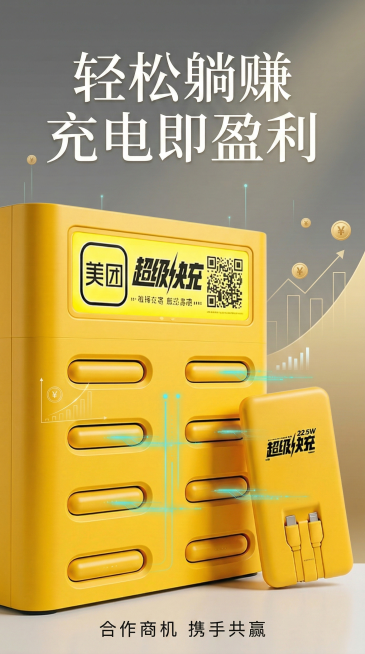 提取图中的美团共享充电宝设备，生成宣传海报，顶部突出显示大标题"轻松躺赚 充电即盈利"，画面风格专业商务，突出共享充电的盈利属性，设备主体清晰完整居中，底部可添加简洁的合作商机引导文字预览效果